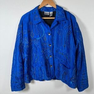 Vintage Chicos Womens Silk Jacket L Electric Blue Beaded Sequined Evening Cruise
